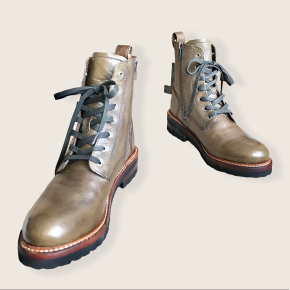 Frye Ella Moto Lace Up Tan Leather Combat Pull On Lace Up Casual Moto Ankle Boot - Picture 13 of 16